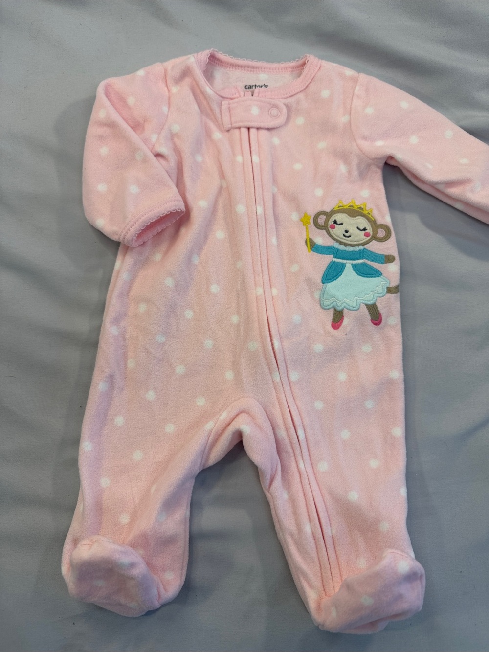 Carter's NWOT Pink Polka Dot Monkey Princess Fleece Footed One-Piece sleeper